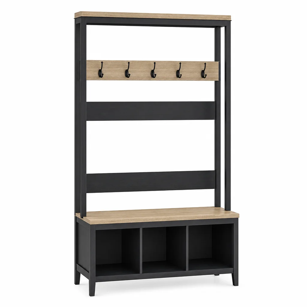 Landing Hall Tree with Bench and Upper Shelf - front catalog view on white background